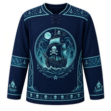 Load image into Gallery viewer, Ugly Halloween Ghost Pirate Ship Hockey Jersey in Phantom Navy, front view – phantom navy body with teal-trimmed navy yoke with a tattered phantom ship with glowing torn sails on stormy waves, ghostly crew, a generic skull-and-crossbones flag and lightning, anchor yoke, ghost sleeve bands and a skull-wave hem band – custom name and number