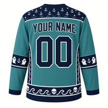 Load image into Gallery viewer, Ugly Halloween Ghost Pirate Ship Hockey Jersey in Ghostly Teal, back view with an anchor-row yoke, ghost-and-anchor sleeve bands, skull-wave hem band, arched YOUR NAME lettering and 00 – custom name and number