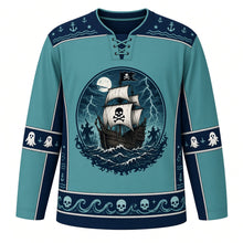 Load image into Gallery viewer, Ugly Halloween Ghost Pirate Ship Hockey Jersey in Ghostly Teal, front view – ghostly teal body with navy yoke with a tattered phantom ship with glowing torn sails on stormy waves, ghostly crew, a generic skull-and-crossbones flag and lightning, anchor yoke, ghost sleeve bands and a skull-wave hem band – custom name and number
