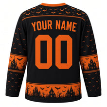 Load image into Gallery viewer, Ugly Halloween Haunted House Hill Hockey Jersey in Midnight Black, back view with a bat and moon yoke, haunted house sleeve bands, glowing window hem band, arched YOUR NAME lettering and 00 – custom name and number