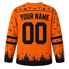 Load image into Gallery viewer, Ugly Halloween Haunted House Hill Hockey Jersey in Pumpkin Orange, back view with a bat and moon yoke, haunted house sleeve bands, glowing window hem band, arched YOUR NAME lettering and 00 – custom name and number