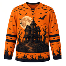 Load image into Gallery viewer, Ugly Halloween Haunted House Hill Hockey Jersey in Pumpkin Orange, front view – pumpkin orange body with a haunted Victorian house on a hill crest with glowing windows, creepy eyes, full moon, bats and dead trees, bat yoke, haunted house sleeve bands and a glowing window hem band – custom name and number