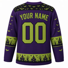 Load image into Gallery viewer, Ugly Halloween Haunted House Hill Hockey Jersey in Witch Purple, back view with a bat and moon yoke, haunted house sleeve bands, glowing window hem band, arched YOUR NAME lettering and 00 – custom name and number