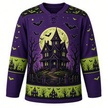 Load image into Gallery viewer, Ugly Halloween Haunted House Hill Hockey Jersey in Witch Purple, front view – witch purple body with a haunted Victorian house on a hill crest with glowing windows, creepy eyes, full moon, bats and dead trees, bat yoke, haunted house sleeve bands and a glowing window hem band – custom name and number