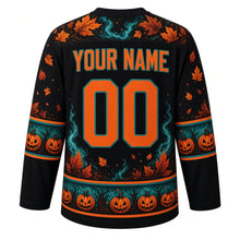 Load image into Gallery viewer, Ugly Halloween Headless Rider Hollow Hockey Jersey in Midnight Black, back view with a swirling-leaf yoke, horseshoe-and-leaf sleeve bands, tree-and-pumpkin hem band, arched YOUR NAME lettering and 00 – custom name and number