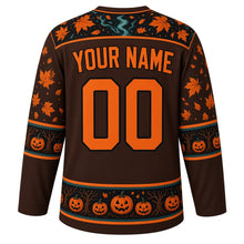 Load image into Gallery viewer, Ugly Halloween Headless Rider Hollow Hockey Jersey in Hollow Brown, back view with a swirling-leaf yoke, horseshoe-and-leaf sleeve bands, tree-and-pumpkin hem band, arched YOUR NAME lettering and 00 – custom name and number