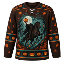Load image into Gallery viewer, Ugly Halloween Headless Rider Hollow Hockey Jersey in Hollow Brown, front view – hollow brown body with orange trim with a headless rider in a tattered cloak on a rearing black horse holding a glowing jack-o'-lantern, twisted hollow trees and a covered bridge in fog, swirling-leaf yoke, horseshoe sleeve bands and a tree-and-pumpkin hem band – custom name and number