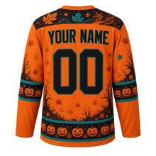 Load image into Gallery viewer, Ugly Halloween Headless Rider Hollow Hockey Jersey in Pumpkin Orange, back view with a swirling-leaf yoke, horseshoe-and-leaf sleeve bands, tree-and-pumpkin hem band, arched YOUR NAME lettering and 00 – custom name and number