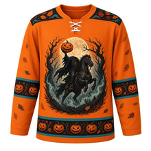 Load image into Gallery viewer, Ugly Halloween Headless Rider Hollow Hockey Jersey in Pumpkin Orange, front view – pumpkin orange body with black trim with a headless rider in a tattered cloak on a rearing black horse holding a glowing jack-o'-lantern, twisted hollow trees and a covered bridge in fog, swirling-leaf yoke, horseshoe sleeve bands and a tree-and-pumpkin hem band – custom name and number