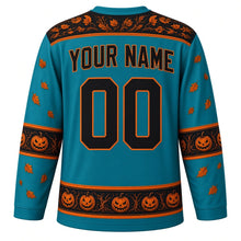 Load image into Gallery viewer, Ugly Halloween Headless Rider Hollow Hockey Jersey in Ghostly Teal, back view with a swirling-leaf yoke, horseshoe-and-leaf sleeve bands, tree-and-pumpkin hem band, arched YOUR NAME lettering and 00 – custom name and number