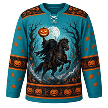 Load image into Gallery viewer, Ugly Halloween Headless Rider Hollow Hockey Jersey in Ghostly Teal, front view – ghostly teal body with black and orange trim with a headless rider in a tattered cloak on a rearing black horse holding a glowing jack-o'-lantern, twisted hollow trees and a covered bridge in fog, swirling-leaf yoke, horseshoe sleeve bands and a tree-and-pumpkin hem band – custom name and number