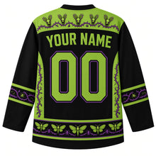 Load image into Gallery viewer, Ugly Halloween Carnivorous Plant Garden Hockey Jersey in Midnight Black, back view with a flytrap-and-thorn yoke, thorny-vine side panels and sleeve bands, moth-patterned hem band, arched YOUR NAME lettering and 00 – custom name and number