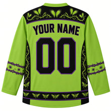 Load image into Gallery viewer, Ugly Halloween Carnivorous Plant Garden Hockey Jersey in Poison Green, back view with a flytrap-and-thorn yoke, thorny-vine side panels and sleeve bands, moth-patterned hem band, arched YOUR NAME lettering and 00 – custom name and number