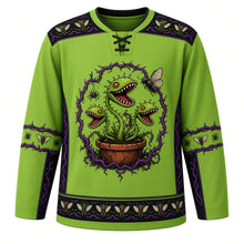 Load image into Gallery viewer, Ugly Halloween Carnivorous Plant Garden Hockey Jersey in Poison Green, front view – poison green body with black and venom purple trim with a crest of snapping carnivorous flytrap plants with jagged teeth and glowing eyes in a clay pot ringed by thorny vines, a spider and a moth, flytrap-and-thorn yoke and moth-patterned stripe bands – custom name and number
