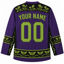 Load image into Gallery viewer, Ugly Halloween Carnivorous Plant Garden Hockey Jersey in Venom Purple, back view with a flytrap-and-thorn yoke, thorny-vine side panels and sleeve bands, moth-patterned hem band, arched YOUR NAME lettering and 00 – custom name and number