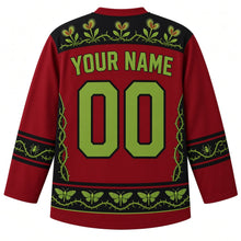 Load image into Gallery viewer, Ugly Halloween Carnivorous Plant Garden Hockey Jersey in Blood Moon Red, back view with a flytrap-and-thorn yoke, thorny-vine side panels and sleeve bands, moth-patterned hem band, arched YOUR NAME lettering and 00 – custom name and number