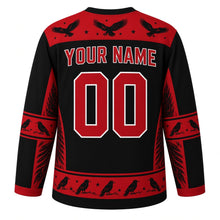 Load image into Gallery viewer, Ugly Halloween Midnight Raven Roost Hockey Jersey in Midnight Black, back view with a crow-flock yoke, feather-chevron sleeve bands, tree-silhouette hem band, arched YOUR NAME lettering and 00 – custom name and number