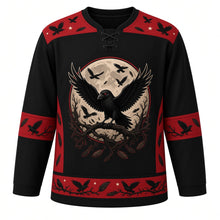 Load image into Gallery viewer, Ugly Halloween Midnight Raven Roost Hockey Jersey in Midnight Black, front view – midnight black body with red yoke with a red-eyed raven with spread wings on a gnarled branch before a full moon, a flock of crows and crooked trees, crow-flock yoke, feather sleeve bands and a tree-silhouette hem band – custom name and number