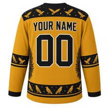 Load image into Gallery viewer, Ugly Halloween Midnight Raven Roost Hockey Jersey in Harvest Moon Gold, back view with a crow-flock yoke, feather-chevron sleeve bands, tree-silhouette hem band, arched YOUR NAME lettering and 00 – custom name and number