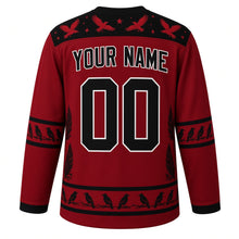 Load image into Gallery viewer, Ugly Halloween Midnight Raven Roost Hockey Jersey in Blood Moon Red, back view with a crow-flock yoke, feather-chevron sleeve bands, tree-silhouette hem band, arched YOUR NAME lettering and 00 – custom name and number
