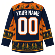 Load image into Gallery viewer, Ugly Halloween Scarecrow Cornfield Fright Hockey Jersey in Midnight Black, back view with a corn and crow yoke, corn cob sleeve bands, cornstalk hem band, arched YOUR NAME lettering and 00 – custom name and number