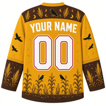 Load image into Gallery viewer, Ugly Halloween Scarecrow Cornfield Fright Hockey Jersey in Harvest Gold, back view with a corn and crow yoke, corn cob sleeve bands, cornstalk hem band, arched YOUR NAME lettering and 00 – custom name and number