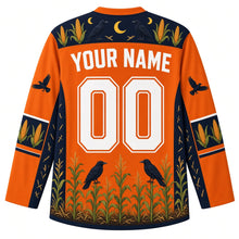Load image into Gallery viewer, Ugly Halloween Scarecrow Cornfield Fright Hockey Jersey in Pumpkin Orange, back view with a corn and crow yoke, corn cob sleeve bands, cornstalk hem band, arched YOUR NAME lettering and 00 – custom name and number