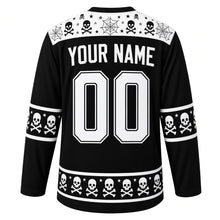 Load image into Gallery viewer, Ugly Halloween Rattling Skeletons Hockey Jersey in Midnight Black, back view with a skull and crossbones yoke, bone sleeve bands, skull hem band, arched YOUR NAME lettering and 00 – custom name and number