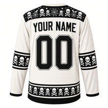 Load image into Gallery viewer, Ugly Halloween Rattling Skeletons Hockey Jersey in Bone White, back view with a skull and crossbones yoke, bone sleeve bands, skull hem band, arched YOUR NAME lettering and 00 – custom name and number