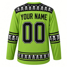 Load image into Gallery viewer, Ugly Halloween Rattling Skeletons Hockey Jersey in Poison Green, back view with a skull and crossbones yoke, bone sleeve bands, skull hem band, arched YOUR NAME lettering and 00 – custom name and number