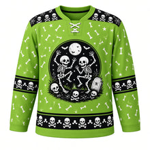 Load image into Gallery viewer, Ugly Halloween Rattling Skeletons Hockey Jersey in Poison Green, front view – poison green body with black yoke with a round dancing-skeletons crest with full moon, skulls, crossed bones, bats and a tombstone, skull yoke, bone sleeve bands and a skull hem band – custom name and number