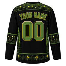 Load image into Gallery viewer, Ugly Halloween Swamp Creature Bayou Hockey Jersey in Midnight Black, back view with a moss and firefly yoke, lily pad sleeve bands, cypress tree hem band, arched YOUR NAME lettering and 00 – custom name and number