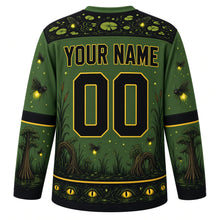 Load image into Gallery viewer, Ugly Halloween Swamp Creature Bayou Hockey Jersey in Swamp Green, back view with a moss and firefly yoke, lily pad sleeve bands, cypress tree hem band, arched YOUR NAME lettering and 00 – custom name and number