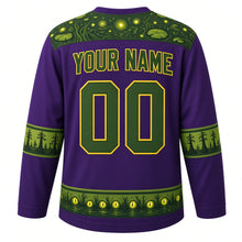 Load image into Gallery viewer, Ugly Halloween Swamp Creature Bayou Hockey Jersey in Witch Purple, back view with a moss and firefly yoke, lily pad sleeve bands, cypress tree hem band, arched YOUR NAME lettering and 00 – custom name and number