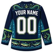 Load image into Gallery viewer, Ugly Halloween Tentacle Abyss Monster Hockey Jersey in Midnight Black, back view with a tentacle-curl yoke, sucker-and-anchor sleeve bands, lantern-fish wave hem band, arched YOUR NAME lettering and 00 – custom name and number