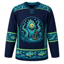 Load image into Gallery viewer, Ugly Halloween Tentacle Abyss Monster Hockey Jersey in Midnight Black, front view – midnight black body with teal and green trim with a one-eyed sea monster with curling suckered tentacles rising from a whirlpool around a sunken anchor, bubbles and lantern fish, tentacle-curl yoke, sucker-and-anchor sleeve bands and a lantern-fish wave hem band – custom name and number