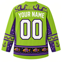 Load image into Gallery viewer, Ugly Halloween Tentacle Abyss Monster Hockey Jersey in Toxic Green, back view with a tentacle-curl yoke, sucker-and-anchor sleeve bands, lantern-fish wave hem band, arched YOUR NAME lettering and 00 – custom name and number