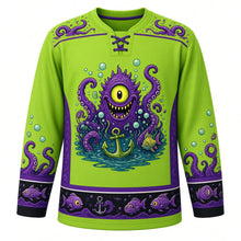 Load image into Gallery viewer, Ugly Halloween Tentacle Abyss Monster Hockey Jersey in Toxic Green, front view – toxic green body with purple and black trim with a one-eyed sea monster with curling suckered tentacles rising from a whirlpool around a sunken anchor, bubbles and lantern fish, tentacle-curl yoke, sucker-and-anchor sleeve bands and a lantern-fish wave hem band – custom name and number