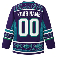 Load image into Gallery viewer, Ugly Halloween Tentacle Abyss Monster Hockey Jersey in Deep Sea Purple, back view with a tentacle-curl yoke, sucker-and-anchor sleeve bands, lantern-fish wave hem band, arched YOUR NAME lettering and 00 – custom name and number