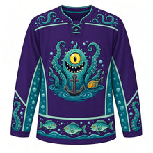 Load image into Gallery viewer, Ugly Halloween Tentacle Abyss Monster Hockey Jersey in Deep Sea Purple, front view – deep sea purple body with teal and green trim with a one-eyed sea monster with curling suckered tentacles rising from a whirlpool around a sunken anchor, bubbles and lantern fish, tentacle-curl yoke, sucker-and-anchor sleeve bands and a lantern-fish wave hem band – custom name and number