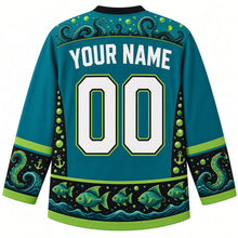 Load image into Gallery viewer, Ugly Halloween Tentacle Abyss Monster Hockey Jersey in Abyss Teal, back view with a tentacle-curl yoke, sucker-and-anchor sleeve bands, lantern-fish wave hem band, arched YOUR NAME lettering and 00 – custom name and number