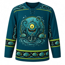 Load image into Gallery viewer, Ugly Halloween Tentacle Abyss Monster Hockey Jersey in Abyss Teal, front view – abyss teal body with black and toxic green trim with a one-eyed sea monster with curling suckered tentacles rising from a whirlpool around a sunken anchor, bubbles and lantern fish, tentacle-curl yoke, sucker-and-anchor sleeve bands and a lantern-fish wave hem band – custom name and number