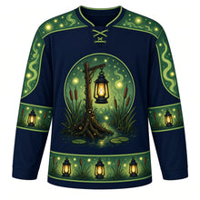 Load image into Gallery viewer, Ugly Halloween Will-o-Wisp Bog Lanterns Hockey Jersey in Midnight Black, front view – midnight black body with glowing will-o-wisp lights around an old hanging lantern over a misty bog with cattails and fireflies, wisp yoke, lantern sleeve bands and a lantern-post hem band – custom name and number