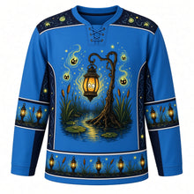 Load image into Gallery viewer, Ugly Halloween Will-o-Wisp Bog Lanterns Hockey Jersey in Spectral Blue, front view – spectral blue body with glowing will-o-wisp lights around an old hanging lantern over a misty bog with cattails and fireflies, wisp yoke, lantern sleeve bands and a lantern-post hem band – custom name and number