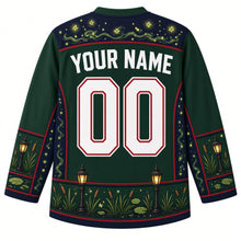 Load image into Gallery viewer, Ugly Halloween Will-o-Wisp Bog Lanterns Hockey Jersey in Bog Green, back view with a lantern and wisp yoke, lantern and cattail sleeve bands, lantern-post hem band, arched YOUR NAME lettering and 00 – custom name and number