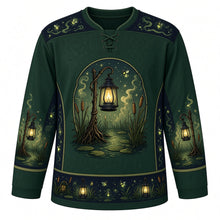 Load image into Gallery viewer, Ugly Halloween Will-o-Wisp Bog Lanterns Hockey Jersey in Bog Green, front view – bog green body with glowing will-o-wisp lights around an old hanging lantern over a misty bog with cattails and fireflies, wisp yoke, lantern sleeve bands and a lantern-post hem band – custom name and number