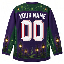 Load image into Gallery viewer, Ugly Halloween Will-o-Wisp Bog Lanterns Hockey Jersey in Haunted Purple, back view with a lantern and wisp yoke, lantern and cattail sleeve bands, lantern-post hem band, arched YOUR NAME lettering and 00 – custom name and number