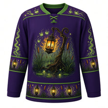 Load image into Gallery viewer, Ugly Halloween Will-o-Wisp Bog Lanterns Hockey Jersey in Haunted Purple, front view – haunted purple body with glowing will-o-wisp lights around an old hanging lantern over a misty bog with cattails and fireflies, wisp yoke, lantern sleeve bands and a lantern-post hem band – custom name and number