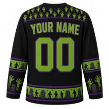 Load image into Gallery viewer, Ugly Halloween Zombie Shuffle Hockey Jersey in Midnight Black, back view with a zombie-hand yoke, zombie-hand sleeve bands, tombstone hem band, arched YOUR NAME lettering and 00 – custom name and number