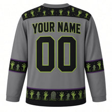 Load image into Gallery viewer, Ugly Halloween Zombie Shuffle Hockey Jersey in Graveyard Gray, back view with a zombie-hand yoke, zombie-hand sleeve bands, tombstone hem band, arched YOUR NAME lettering and 00 – custom name and number